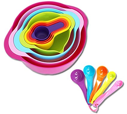 Tenta Kitchen 13 Piece Mixing Bowl Set with Measuring Cups and Spoons - Large and Small Plastic Mixing Bowls with Colander and Micro Strainer - Nesting Colorful Kitchen Bowls for Baking and More