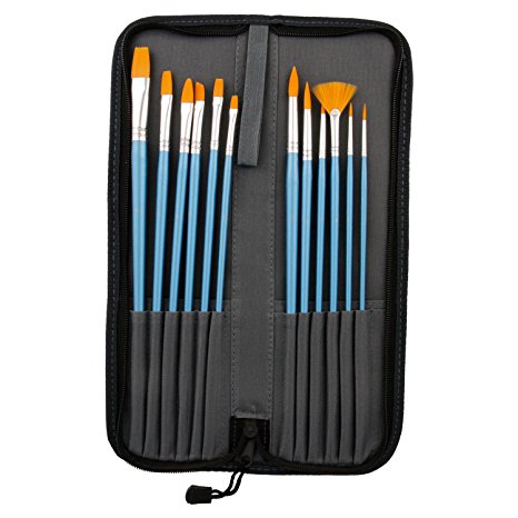 US Art Supply Halloween Face Paint 12-Piece Long Handle Premium Nylon Hair Brush Set with Carry Case