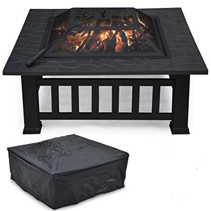 Femor Multi Function Fire Pit Outdoor Patio Garden Metal Brazier Square Table Heater Stove with Waterproof Cover Black