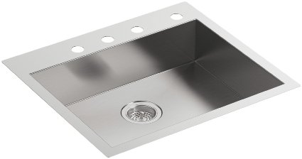 KOHLER K-3894-4-NA Vault 25" x 22" Single-Bowl Dual-Mount Kitchen Sink with Four Faucet Holes, Stainless Steel