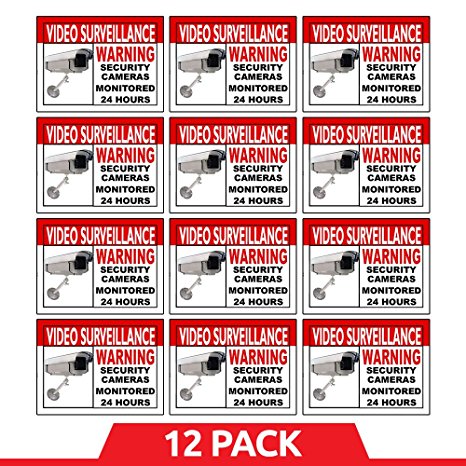 Best Home and Business Security Camera & Video Surveillance Sticker for Indoor/Outdoor Use Long Lasting Weather Proof Window & Door Security 4 x 3" 12-Pack Stickers with FREE 1yr Warranty Made in USA