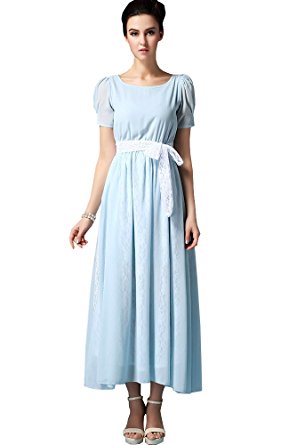 Sheicon Women's Short Sleeve Square Neck Long Maxi Fit and Flare Chiffon Lace Dress