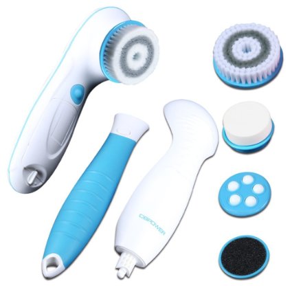 DBPOWER 6 in 1 Waterproof Electric Facial and Body Cleansing Brush with 2 Speeds Setting for Skin Care Include Detachable Handle and 5 Brush Head and Cute Cosmetic Bag blue