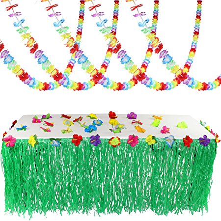 Joyin Toy Luau Tropical Hawaiian Party Decoration Set Including 100 ft Flower Lei Garland, 36 Hibiscus Flowers and 9 ft Luau Table Skirt