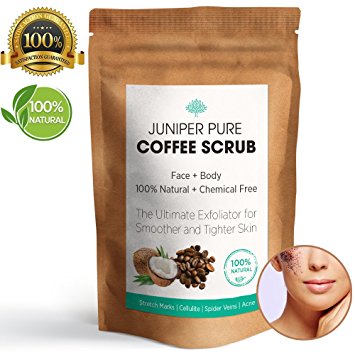 Juniper Pure Coffee Scrub - 100% Natural Exfoliating, Body & Face, Stretch Marks, Cellulite, Jojoba & Almond Essential Oils, Coconut, Cacao Butter, Sea Salt (More Product than Jar)