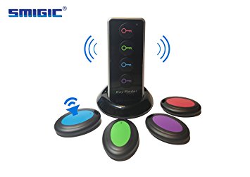 Smigic Wireless RF Item Locator/Key Finder with LED flashlight and base support. 1 RF Transmitter/Remote Control and 4 Receivers.