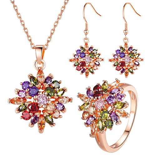 Bamoer Women Jewlery Sets 18K Gold Plated Pink Flower CZ Necklace Earring Ring (7)
