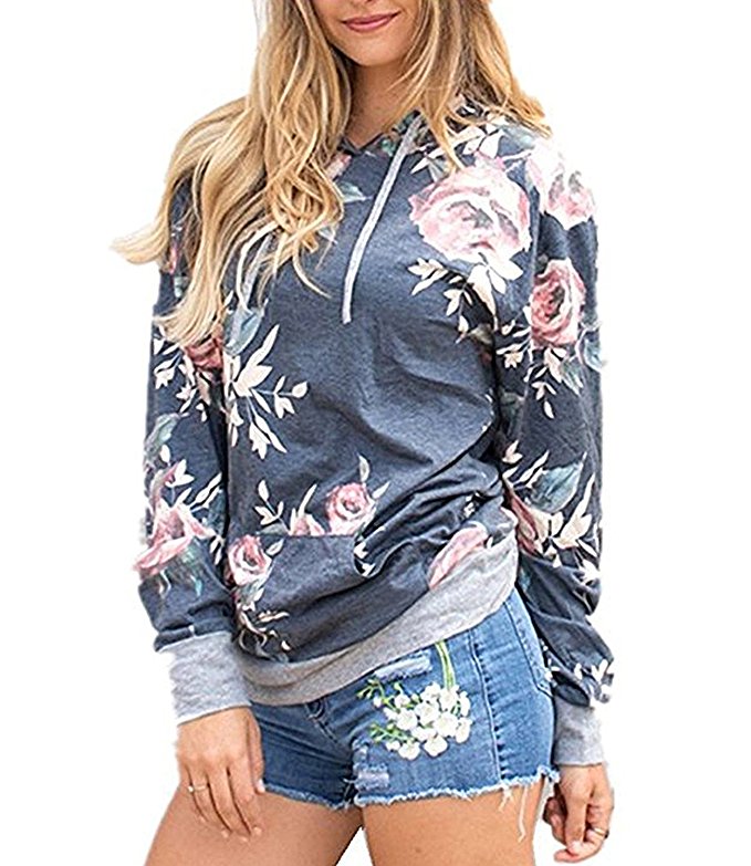 Shineya Women Floral Print Pullover Hoodie Long Sleeve Sweatshirt With Pocket