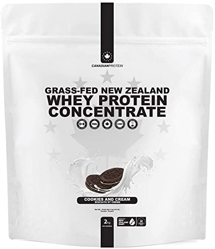 Canadian Protein Grass-Fed New Zealand Whey Concentrate 24g of Protein | 2 kg of Cookies and Cream Flavored Low Carb Keto Friendly Workout Recovery Drink | Undenatured Whey Protein Shake