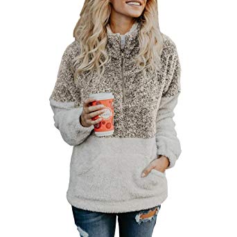 Yebeau Women Long Sleeve Sherpa Zipper Sweatshirt Soft Fleece Pullover Outwear Coat with Pockets Top