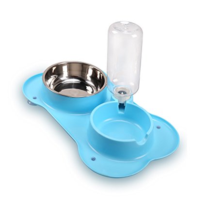 wangstar Double Pet Bowls, Stainless Steel Dog Bowl with No Spill Skidstop Silicone Mat, Dog Cat Food Water Feeder with Automatic Water Bottle for Small Medium Dogs Cats