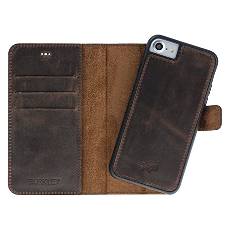 Burkley Detachable Leather Wallet Case for Apple iPhone 8 / 7 with Magnetic Closure and Premium Snap-on | Book Style Cover with Card Holders and Kickstand in a Gift Box (Antique Coffee)