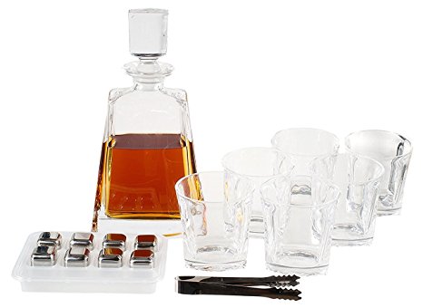 OPUL 10-Piece Whiskey Decanter Set of Crystal Whiskey Glasses, Whiskey Stones, Stainless Steel Tray and Tongs
