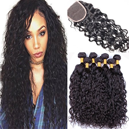 Ali Moda Hair 10 12 14 with 10inch 7A Grade Malaysian Water Wave Natural Wave with Closure Unprocessed Virgin Hair 4x4 lace closure
