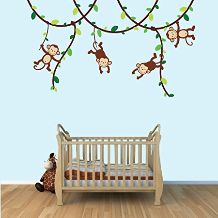 Green and Brown Monkey Wall Decal for Baby Nursery or Kid's Room, Fabric Vine Decal