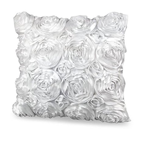 VivReal White Satin Rose Flower Square Pillow Cushion Pillowcase Case Cover 42x42cm