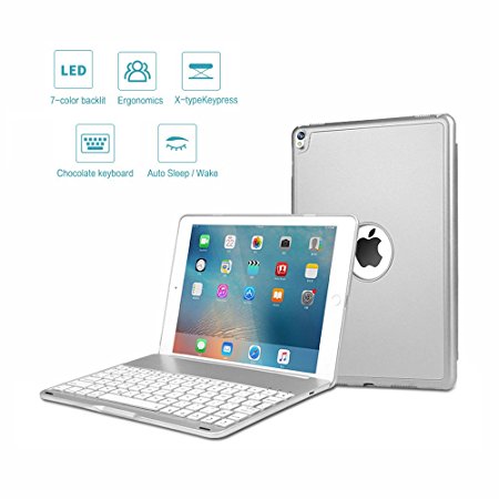 ipad Pro 10.5 Keyboard Case, ONHI Wireless Bluetooth Keyboard Case Aluminum shell Smart Folio Case with 7 Colors Back-lit, Auto Sleep / Wake, Silent Typing, the Screen can be Rotated 135 ° (Silver)