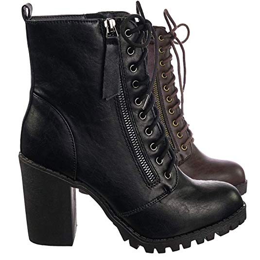 Military Lace Up Combat Ankle Boot On Chunky Block Heel Lug Sole Bootie