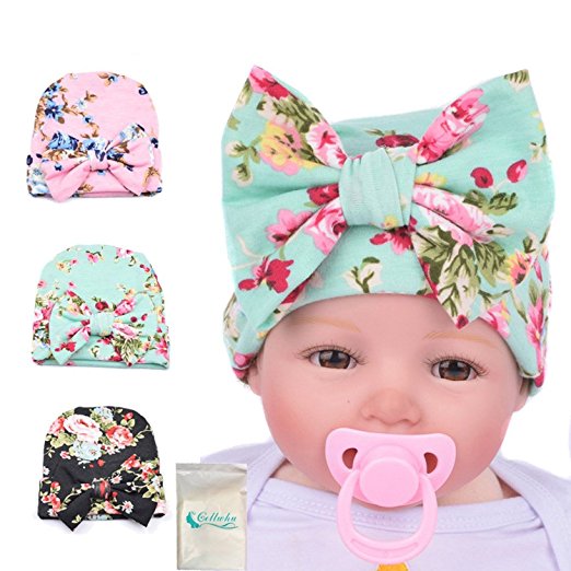 Gellwhu Pink White Blue Newborn Girl Nursery Beanie Hospital Hat With Large Bow