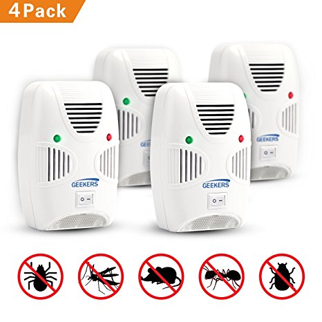 GEEKERS Ultrasonic Pest Repeller - Insects & Rodents Repellent - Repels Spiders, Mice, Bugs, CockRoaches, Mosquitoes, Flies, Rodents, Insects - Non-toxic, Eco-friendly, Humans & Pets Safe [4-Pack]