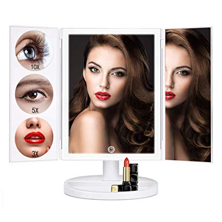 Liaboe 44 Led Makeup Mirror Oversize Vanity Mirror with 3x/5x/10x Magnification, Countertop Lighted Mirror, Dimmable Light Touch Sensor, Dual Power Supply, 360° Rotation,180°Adjustable,Storage Space Base