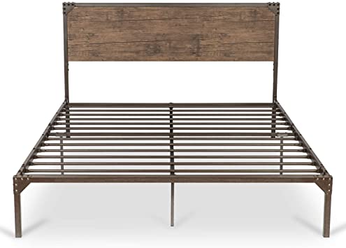 Allewie Queen Size Platform Bed Frame with Wooden headboard and Metal slats/Rustic Country Style Mattress Foundation/No Box Spring Needed/Strong Metal Slats Support/Easy Assembly