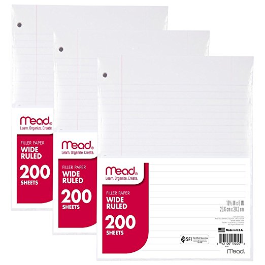 Mead Filler Paper, Loose Leaf Paper, 200-Count, Wide Ruled, 10.5 Inches x 8 Inches, 3-PACK (73183)