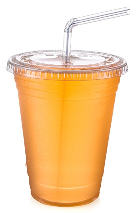 Set of 100 16 oz. Dart Solo Disposable Crystal Clear Plastic Cups With Flat Straw Slot Lids