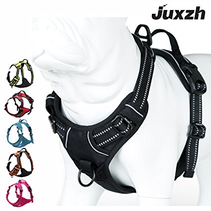 JUXZH Soft Front Range Dog Harness .3M Reflective No Pull Harness with handle and Two Leash Attachments