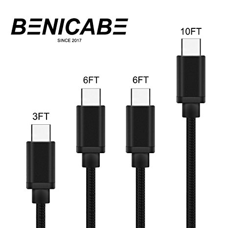 Note 8 charger, Benicabe 4-Pack Nylon Braided Cord (USB 3.1) Fast Charging cable for Samsung Galaxy S8/S8 Plus,Nexus 6P/5X,Moto Z/ Force LG G5/G6, and More (3ft 2x6ft 10ft, black)