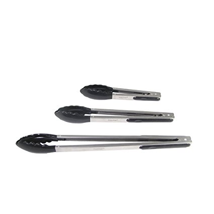 Prepology 3-piece BBQ Kitchen Tong Set with Silicone Accents and Locking Feature Black