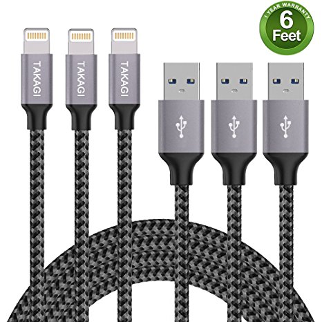 Lightning Cable，TAKAGI 3PACK 6FT iPhone Cable Nylon Braided Lightning Connector to Data Syncing Cord Compatible with and Fast Charging Cable for iPhone 7/7plus/6plus/6s/6s /5/5s/SE, iPad (Gray)