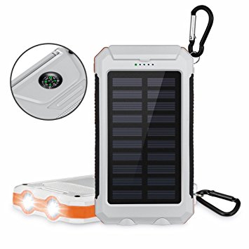 Aedon 10000mAh Solar Charger Backup External Battery Power Bank - Dual USB Solar Panel Charger with 2LED Light Carabiner Compass Portable for Emergency Outdoor Camping Travel, Ideas for Christmas Gift (White)