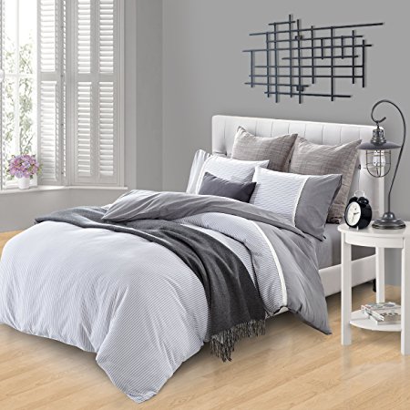 Superior Riverton 100% Cotton Duvet Cover Set with 2 Pillow Shams, Stripe Duvet Cover with Crocheted Lace Trim and Chambray Details - King/California King Size