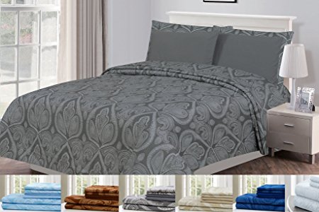6 Piece: Paisley Printed Bed Sheet Set 1800 Count Egyptian Quality HOTEL LUXURY Flat Sheet,Fitted Sheet with 4 Pillow Cases,Deep Pockets, Soft Extremely Durable by Lux Decor (Queen, GREY)