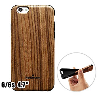 iPhone 6 / 6s Case, NeWisdom Unique Slim Hybrid Rubberized [Wood over Rubber] Soft Real Wood Case for Apple iPhone6 - Teakwood
