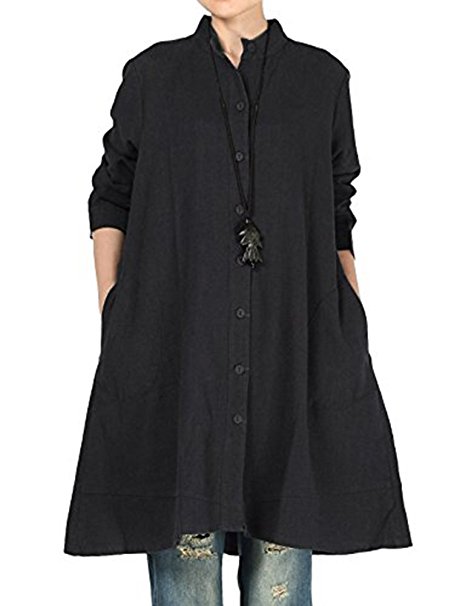 Mordenmiss Women's Cotton Linen Full Front Buttons Jacket Outfit with Pockets