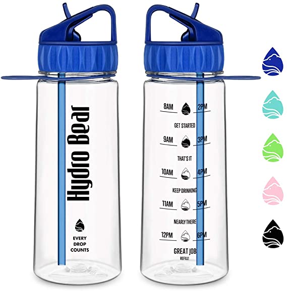 Hydro Bear 30oz / 20 oz Motivational Fitness Sports Water Bottle with Time Marker, Measurements, Drink More Water Daily, BPA Free Tritan with Flip Straw, for Outdoors Camping Hiking Cycling