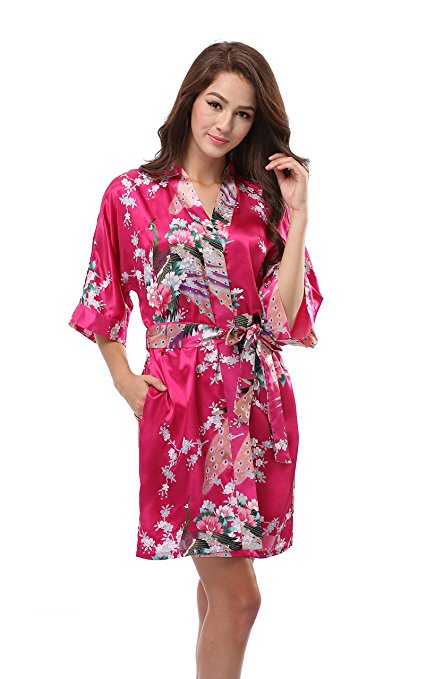 Luvrobes Women's Kimono Robe With Pockets, Peacock Design, Short