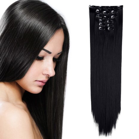 OneDor 24 Straight Full Head Clip in Synthetic Hair Extensions 7pcs 140g 1B-off Black
