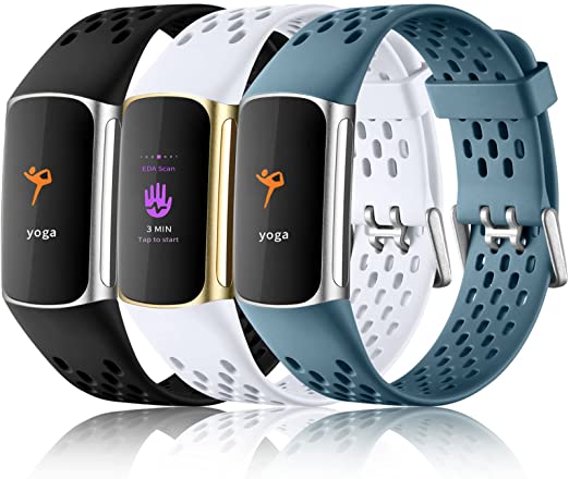 Maledan Compatible with Fitbit Charge 5 Bands Women Men - Breathable Sport Band Soft Waterproof Replacement Wristbands Strap for Fitbit Charge 5 Advanced Fitness Tracker, 3 Pack