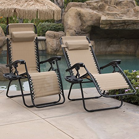 Belleze 2-Pack Zero Gravity Chairs Patio Lounge   Cup Holder/Utility Tray (TAN)