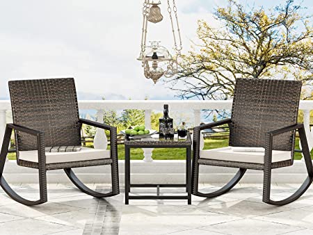 Allewie 3 Pieces Conversation Sets Patio Rocking Chair Bistro Set, Modern Outdoor Furniture Porch Chairs Set with Glass Coffee Table, Thickened Tan Cushion, Brown