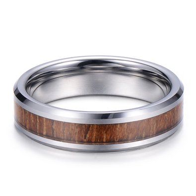 Tiitc Wedding Band Ring Tungsten Carbide Ring Real Koa Wood Inlay Beveled High Polisfed Edge Comfort Fit 6mm