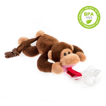 BabyHuggle 4 in 1 Plush Monkey Pacifier - Soft Stuffed Toy with Detachable Silicone Baby Binky Clip Holder and Squeaky Sound - 100 Non Toxic and Safe - Soothing and Comfortable for a Good Night Sleep