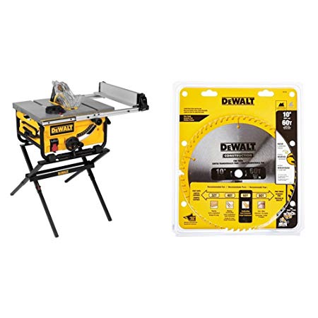 DEWALT DWE7480XA 10 in. Portable Table Saw with Table Saw Stand and 10-Inch 60 Tooth ATB Thin Kerf Crosscutting Saw Blade with 5/8-Inch Arbor