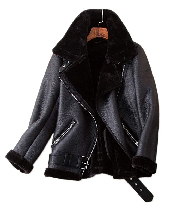 LY VAREY LIN Women's Faux Shearing Moto Jacket Thick Lined Parka Winter Shearling Coat Leather Jacket