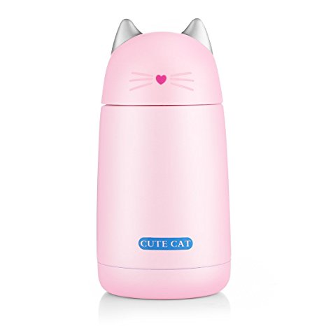 Beyonda FMSB60239 Kitten Insulation Flask Drinking Bottle,Cute Cat Stainless Steel Coffee Thermoses Flask Travel Mug with Handle, Outdoors Hot Milk Water Vacuum Cup for Kids Baby (pink)