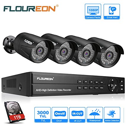 FLOUREON CCTV Security Camera Systems 8CH 1080N ONVIF AHD DVR   4x 3000TVL 1080P 2.0MP Outdoor Cameras with 1TB HDD Pre-installed Support TVI/CVI/AHD/Analog/ONVIF IP Camera/P2P Remote Access/Motion Detection/Night Vision