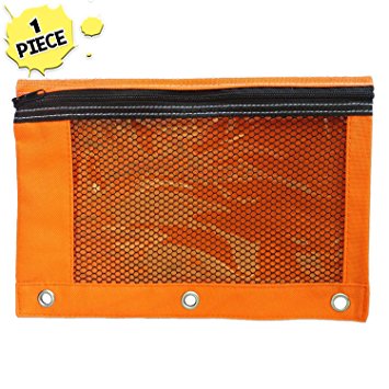 1 Orange Zippered Pencil Pouch by School Smarts - 3 Ring Orange Pencil Case with Mesh and plastic window. For Use in and Out of the Classroom.